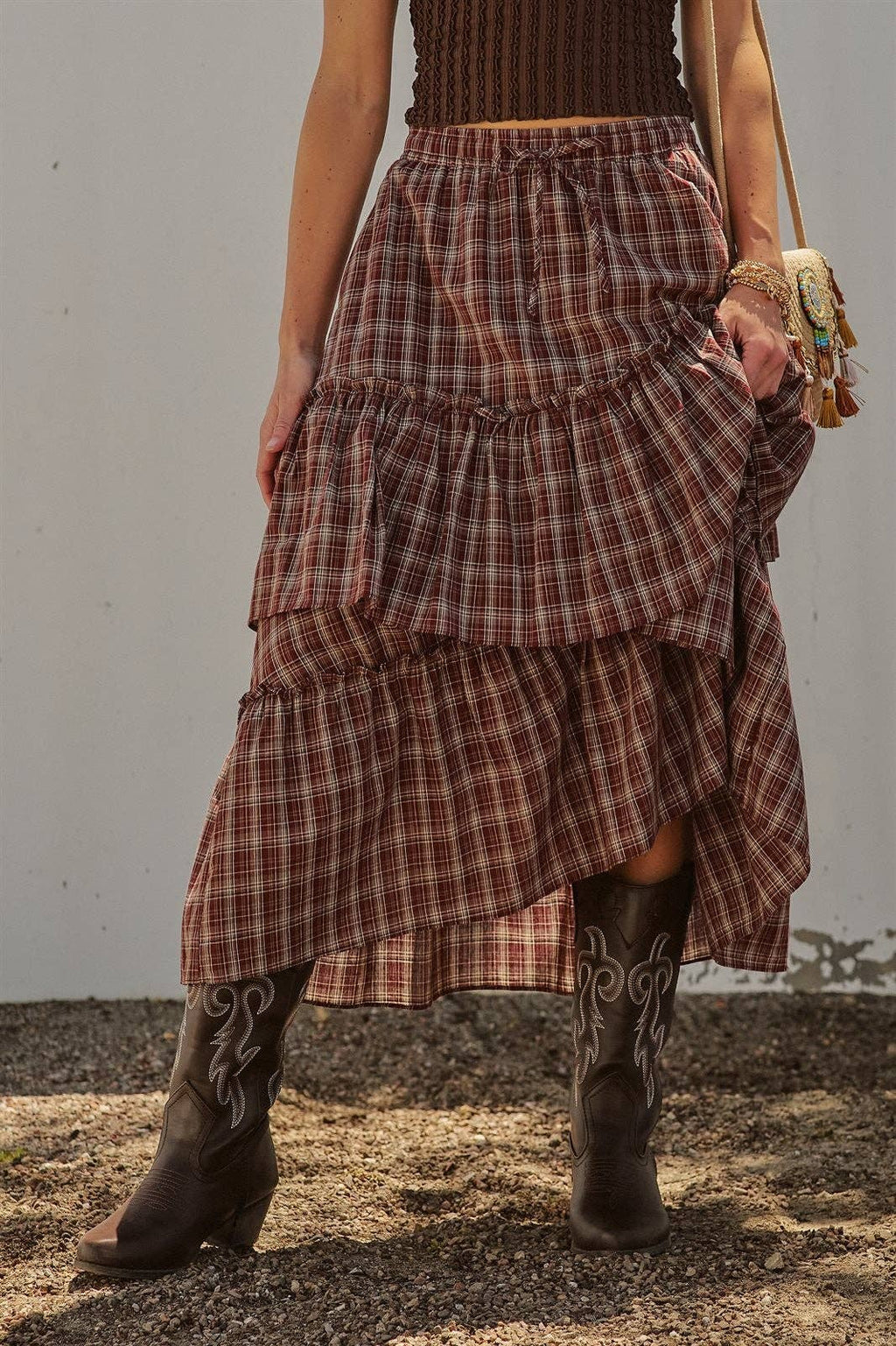 Plaid Tiered Ruffle Cotton Maxi Skirt