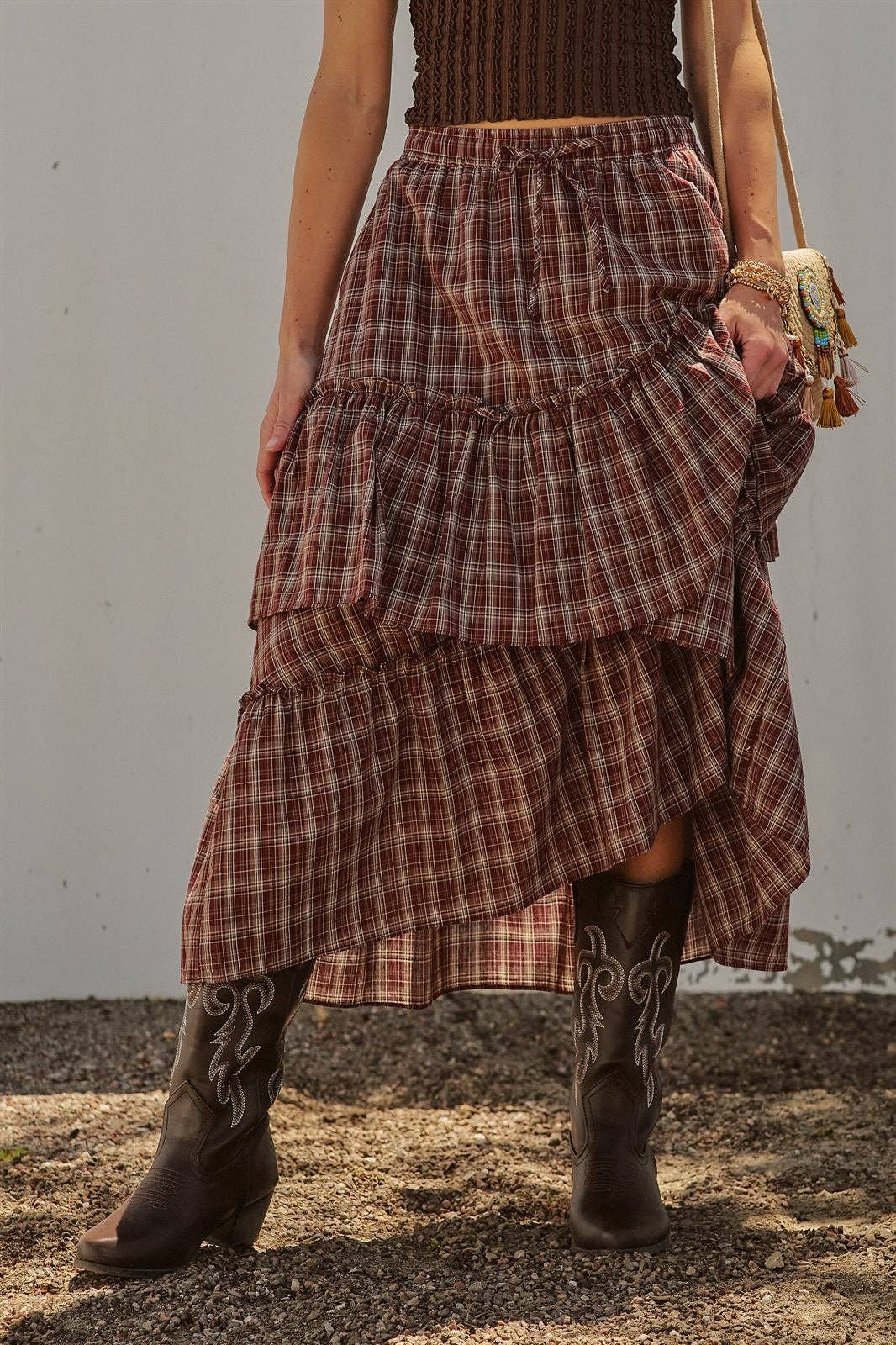 Plaid Tiered Ruffle Cotton Maxi Skirt
