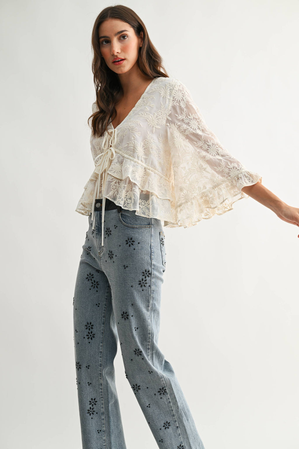 CT10102J Boho Embroidered Sheer Blouse Flowy Bell Sleeves