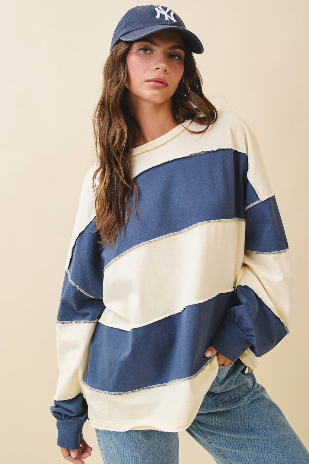 8551GN Oversized Color Block Long Sleeve Pullover