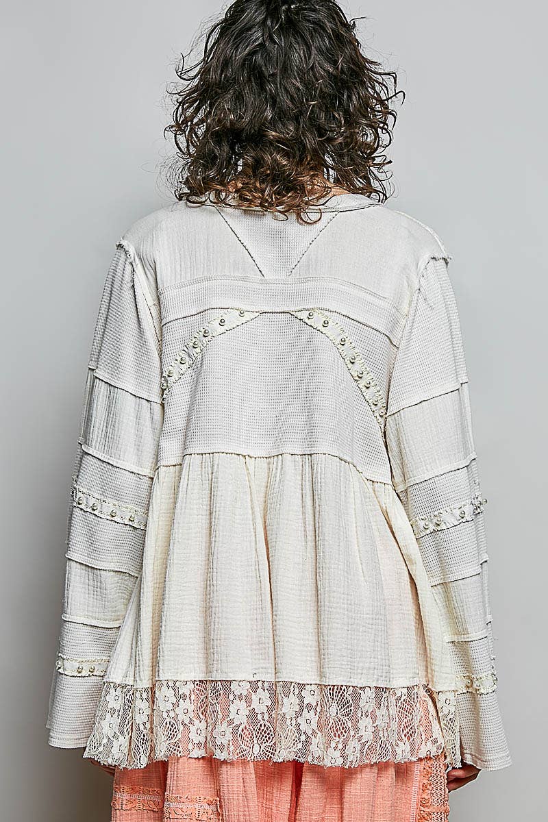V-neck double gauze lace detail A-line woven top