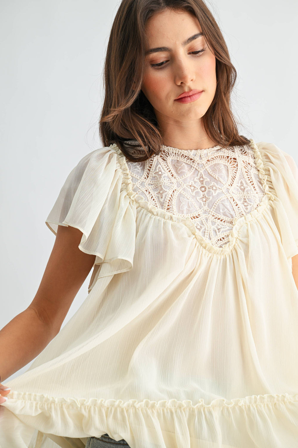 CT10179J Sheer Lace Yoke Ruffle Sleeve Blouse