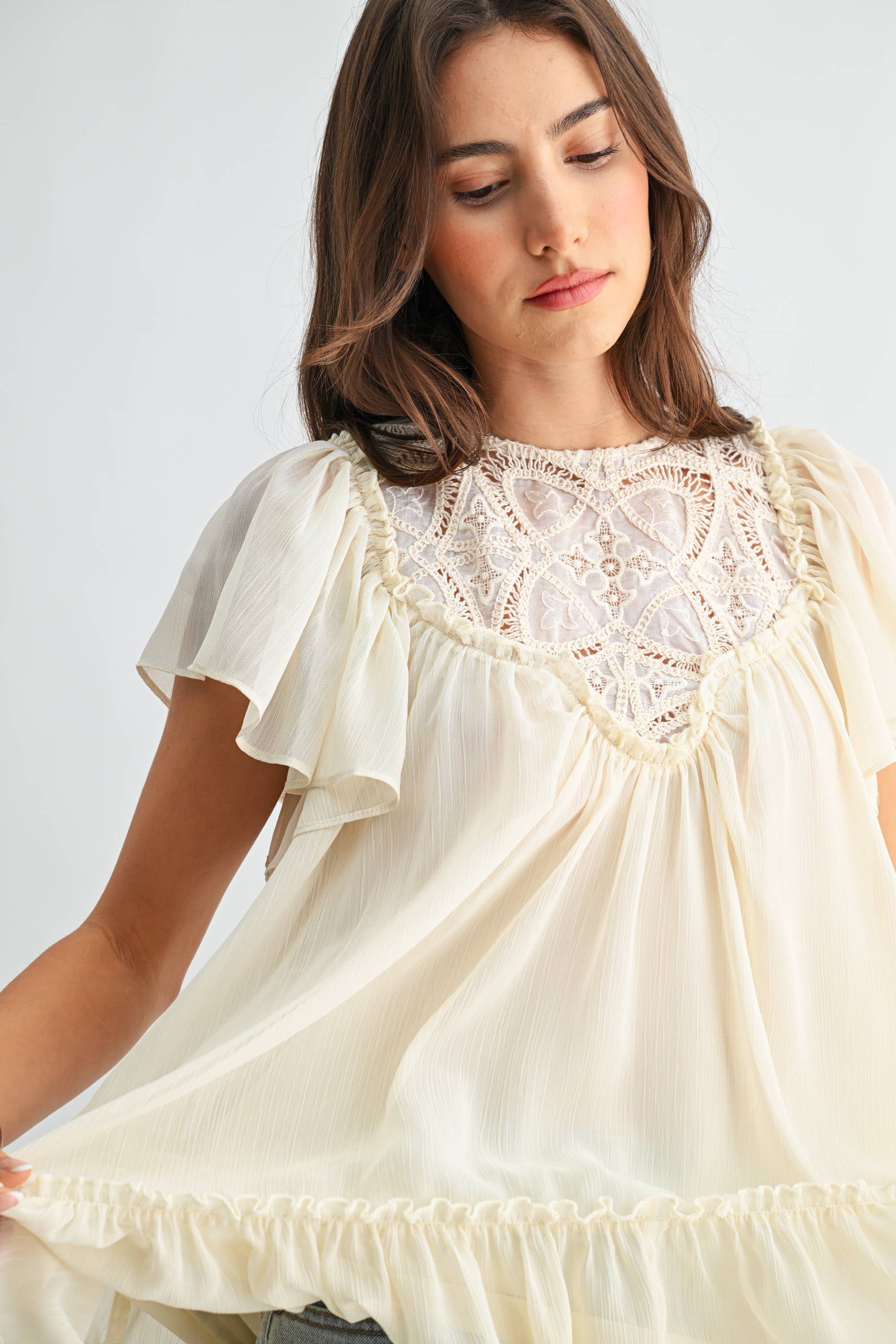CT10179J Sheer Lace Yoke Ruffle Sleeve Blouse