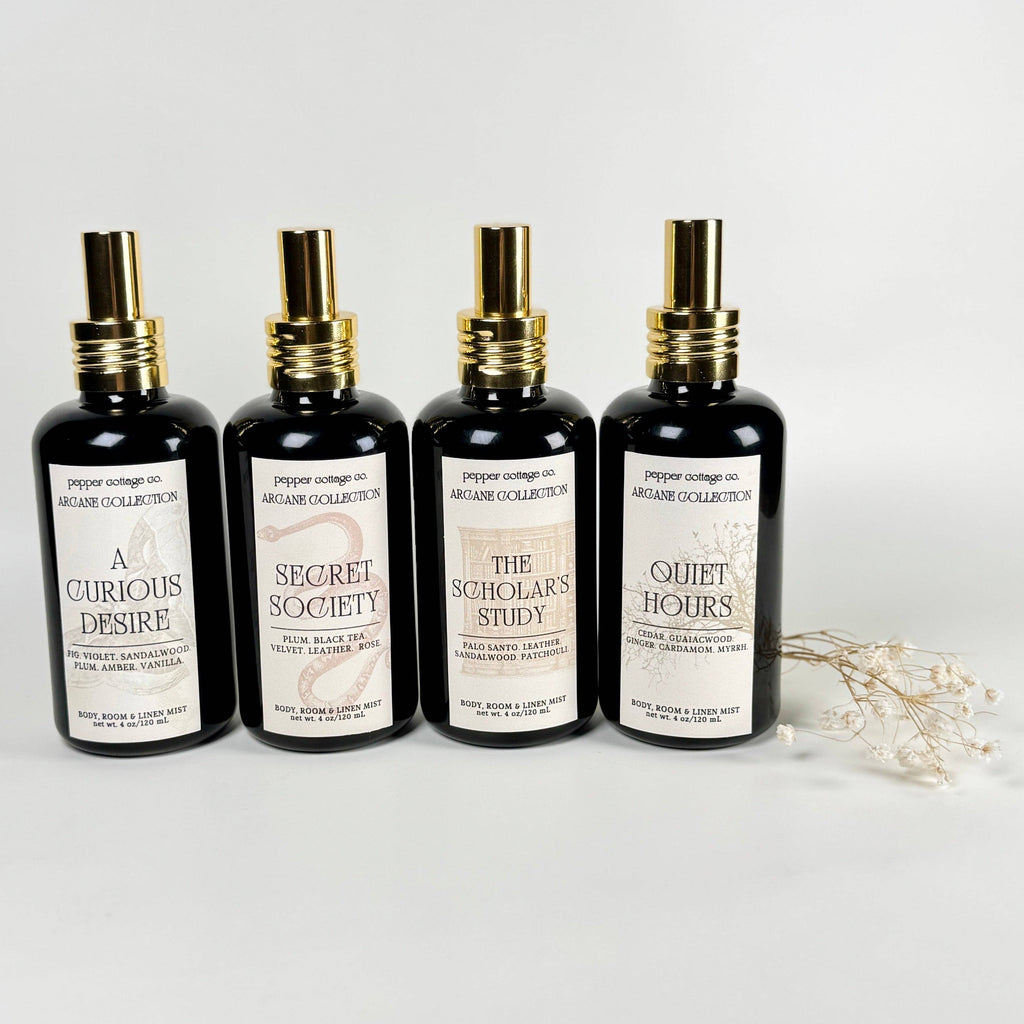 A Curious Desire 4 oz Body, Room, and Linen Mist | Fig, Violet, Plum, Sandalwood, Amber, Vanilla | Sultry Feminine Dark Academia-Inspired Body & Room Mist