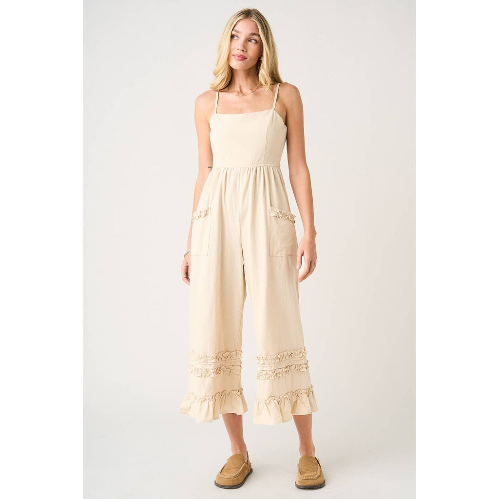 RUFFLE HEM WIDE LEG SLEEVELESS JUMPSUIT