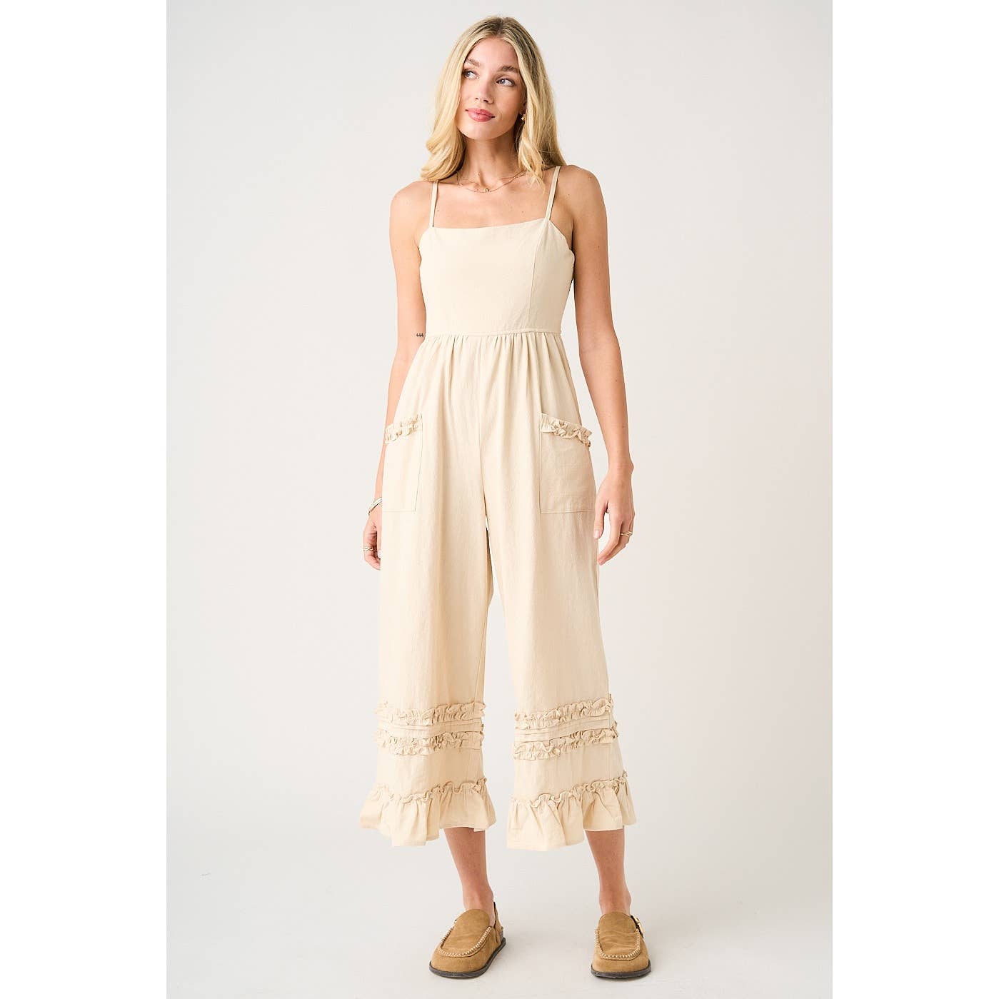 RUFFLE HEM WIDE LEG SLEEVELESS JUMPSUIT