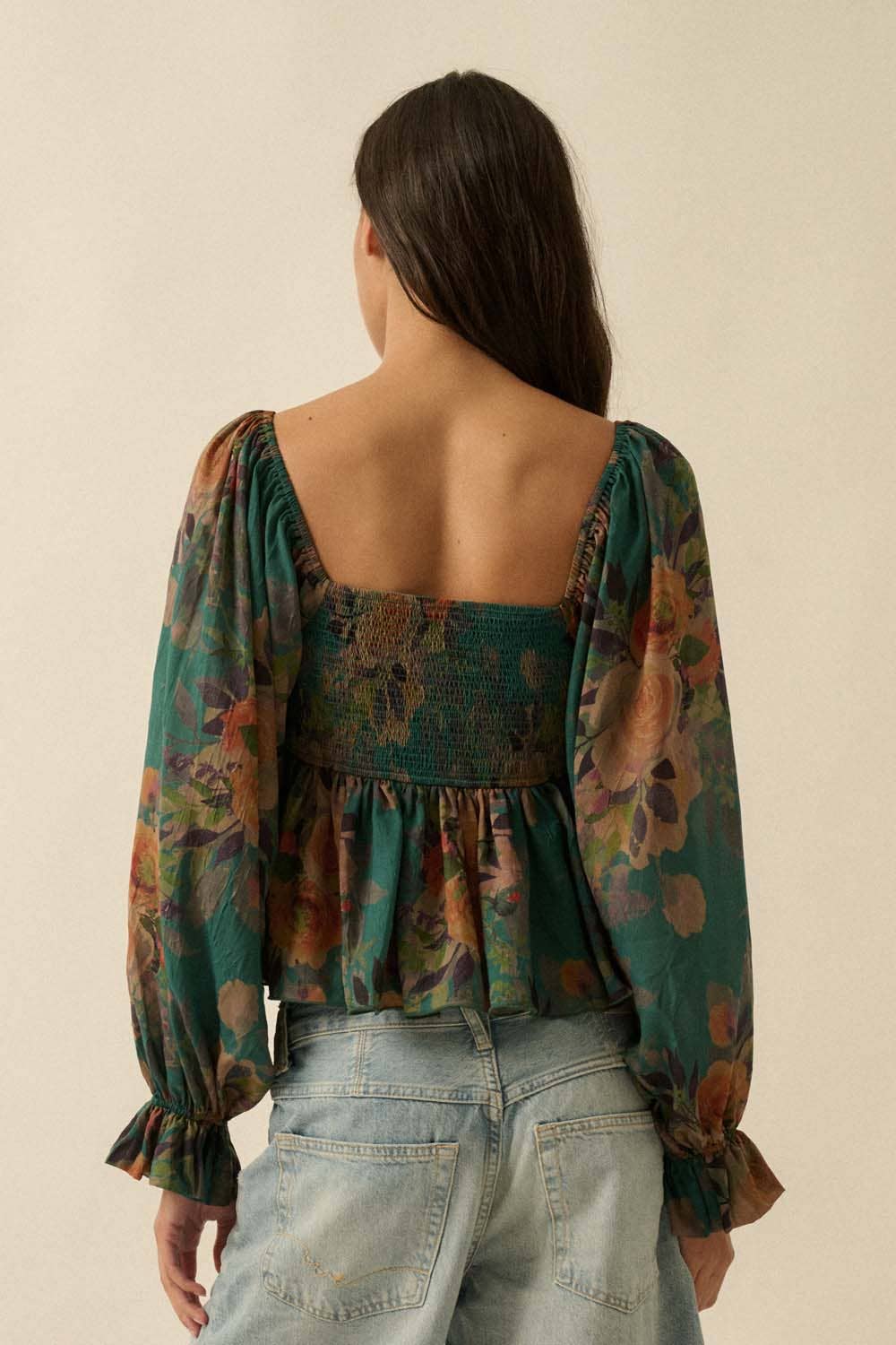 Floral-Print Smocked Sweetheart Peplum Peasant Top