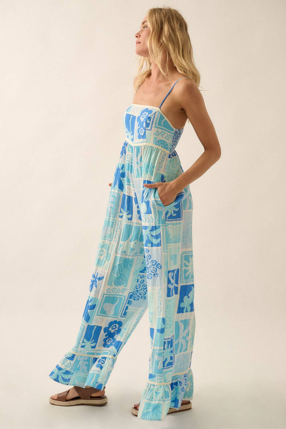 Tropical Floral Ruffled Wide-Leg Cami Jumpsuit