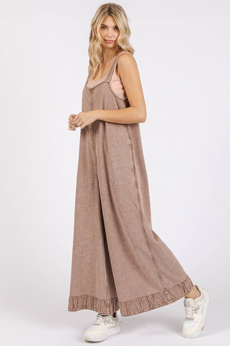 MINERAL WASH ANKLE DETAIL WIDE LEG JUMPSUIT
