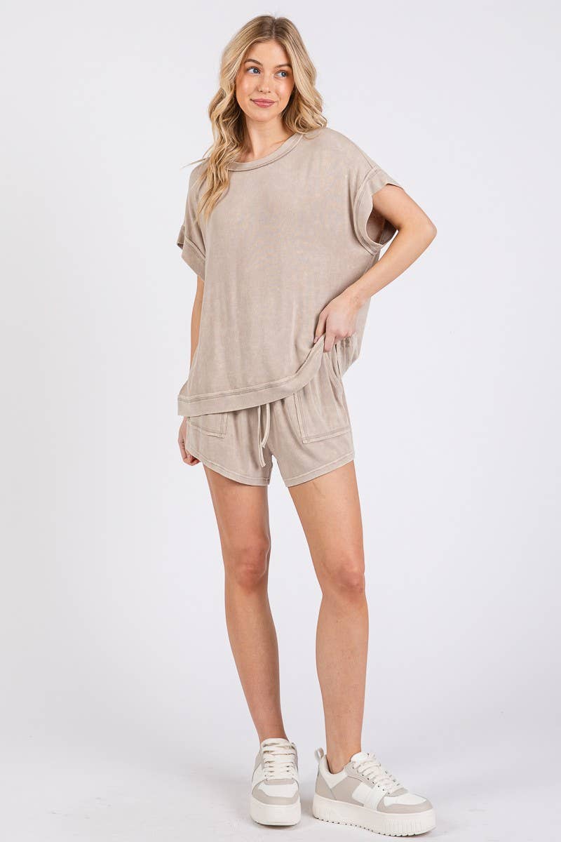 MINERAL WASHED TOP AND SHORTS RIB SET