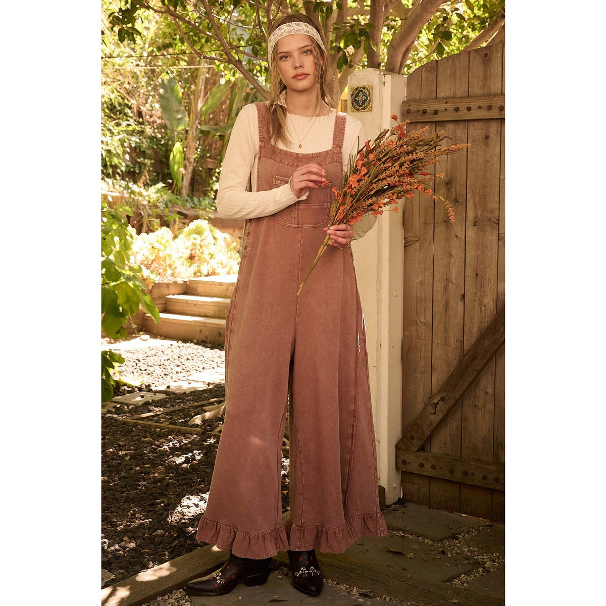 MINERAL WASHED RUFFLE HEM OVERALL JUMPSUIT