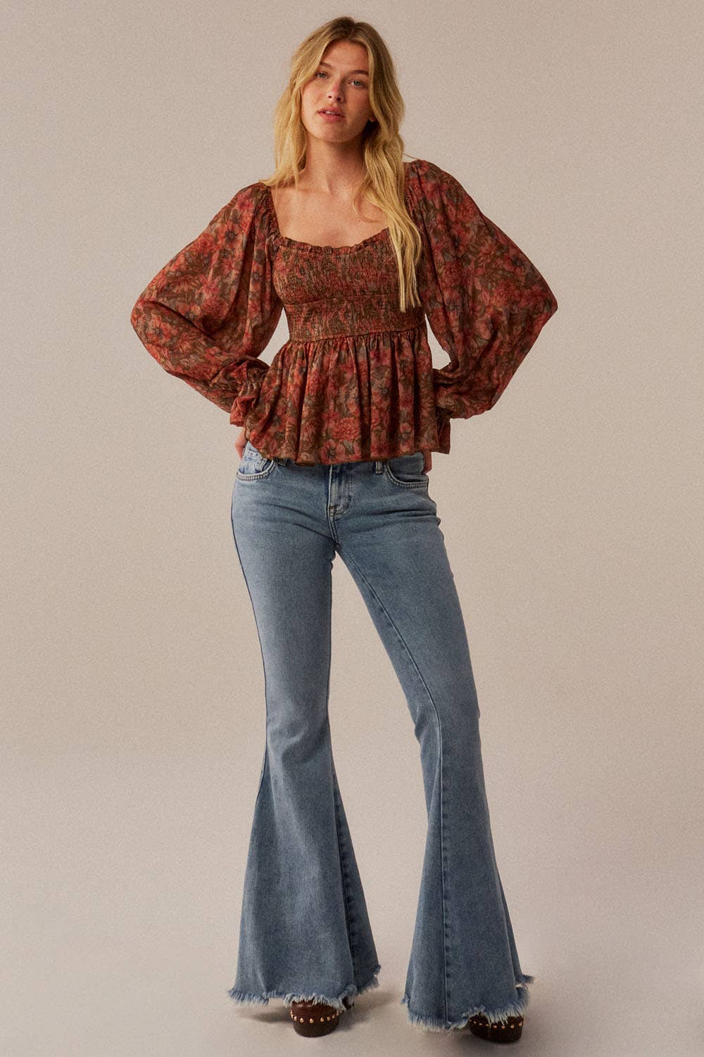 Floral-Print Sweetheart Smocked Peplum Peasant Top