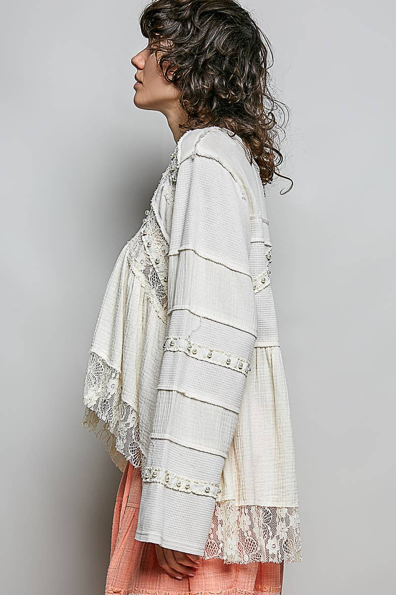 V-neck double gauze lace detail A-line woven top