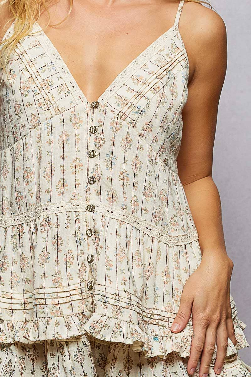 Floral Cotton Pintuck Ruffle Button Down Cami Top