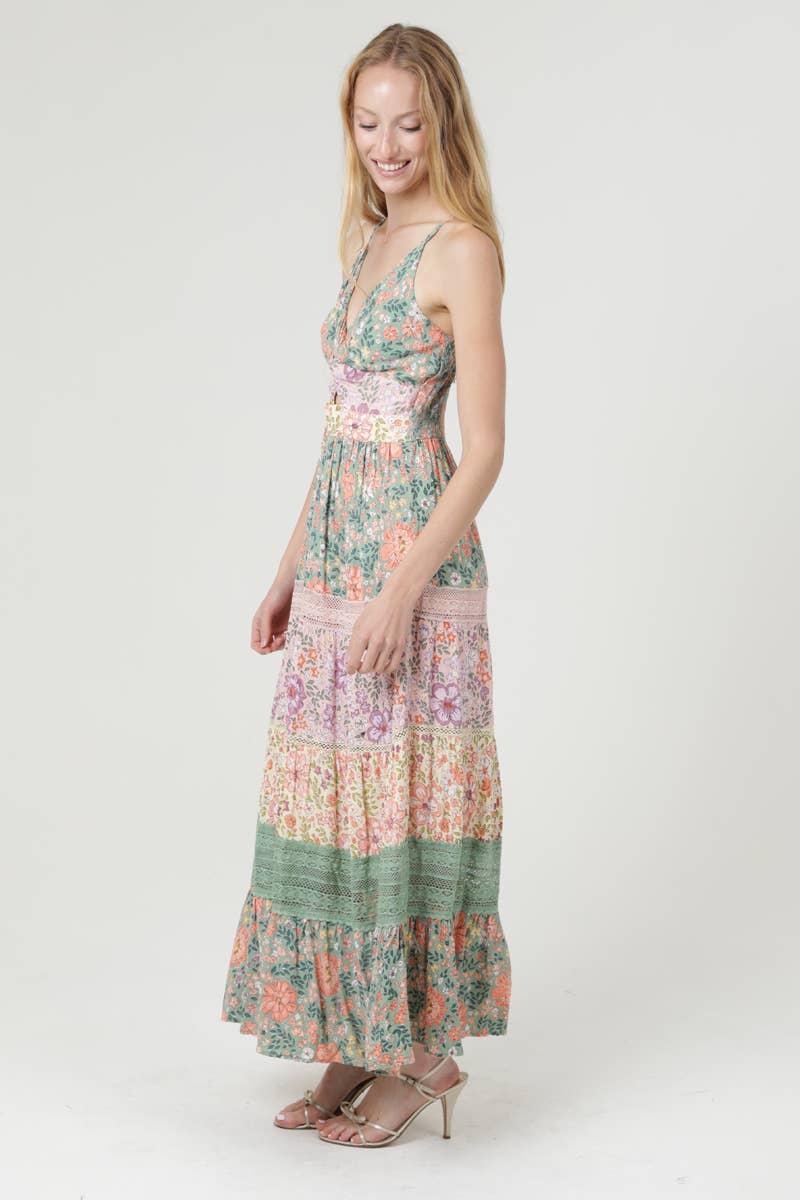 C4D77-WA34 MIXED PRINT LACE TRIM TWIST FRONT MAXI DRESS
