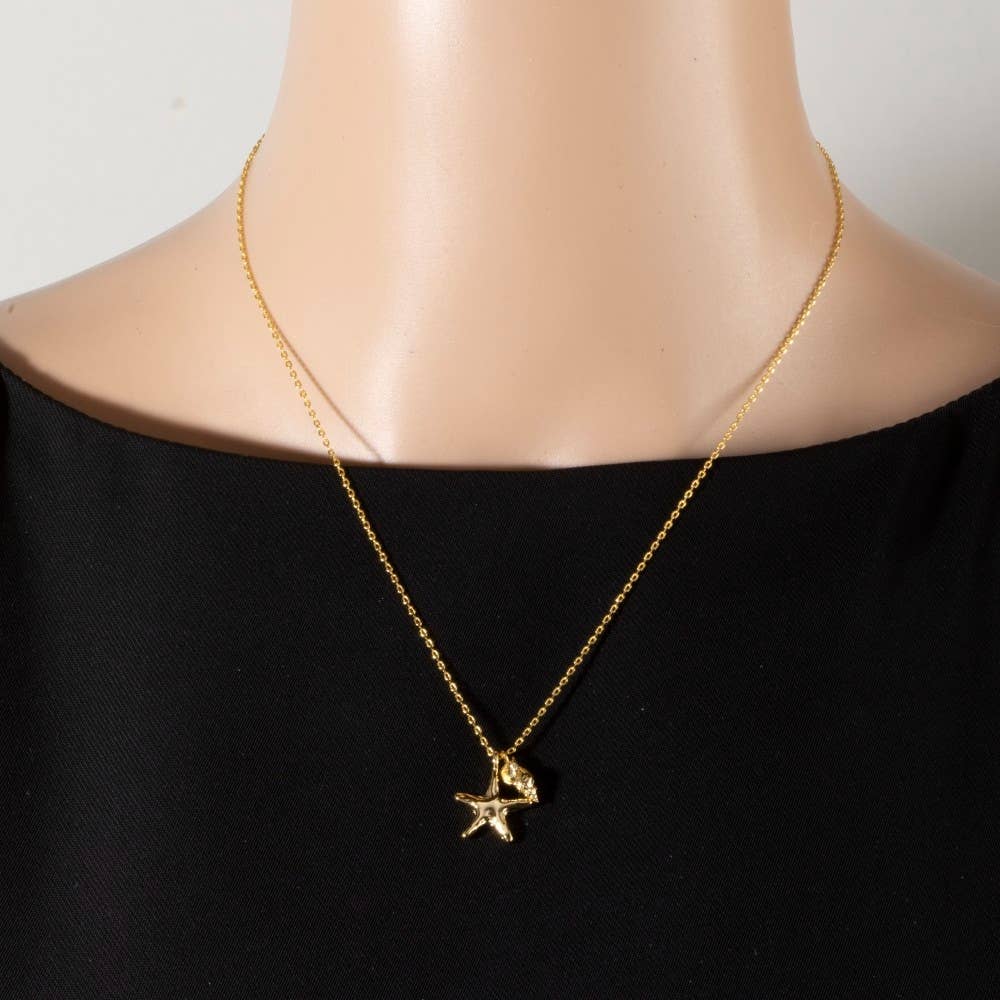 18K Gold Starfish Shell Charm Pendant Necklace