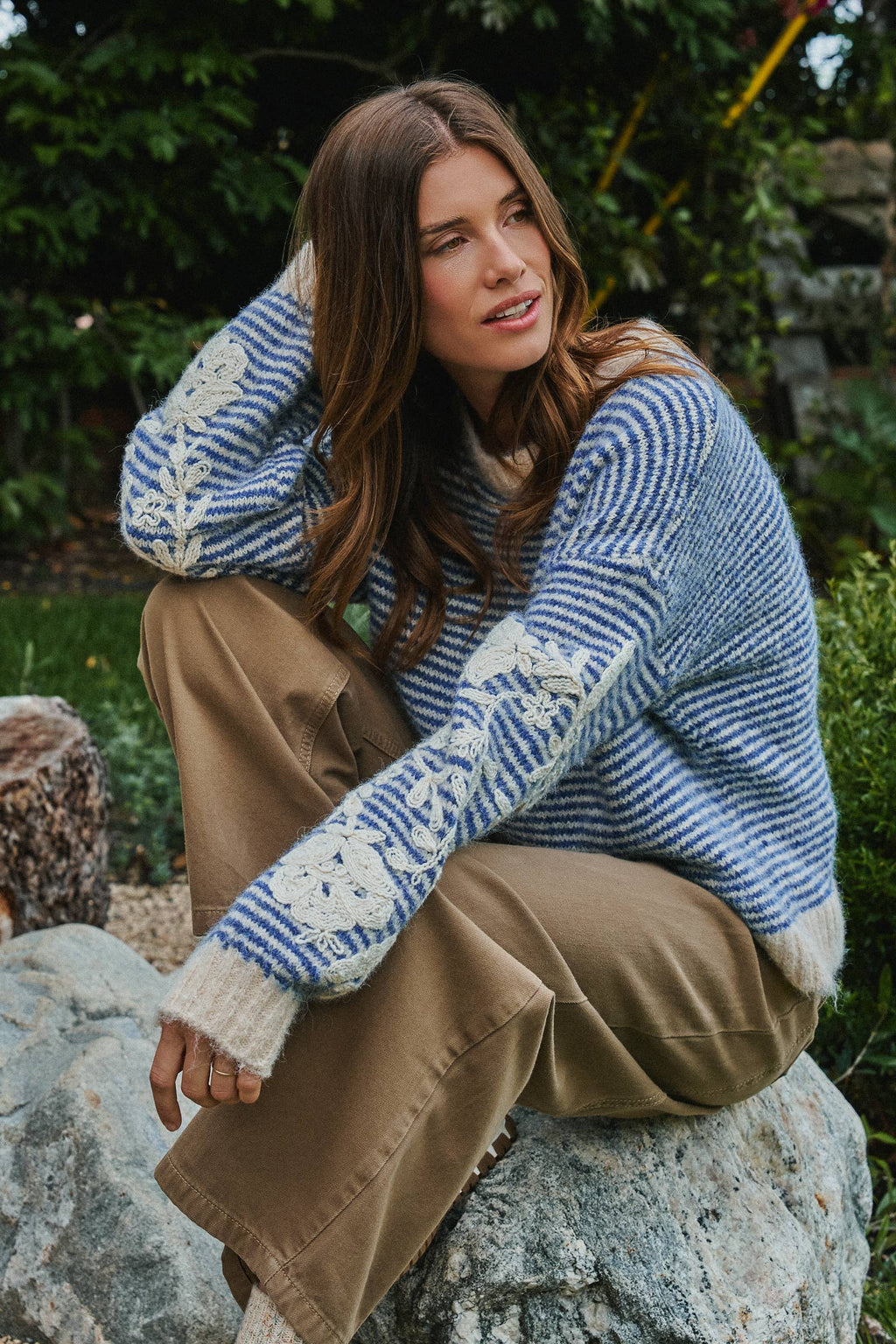 Floral Embroidered Striped Knit Sweater