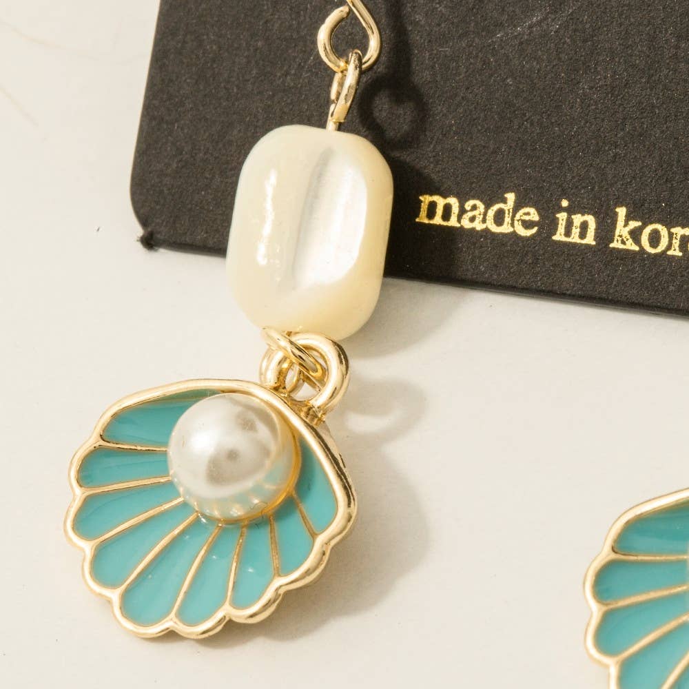 Enamel Seashell Pearl Drop Earrings