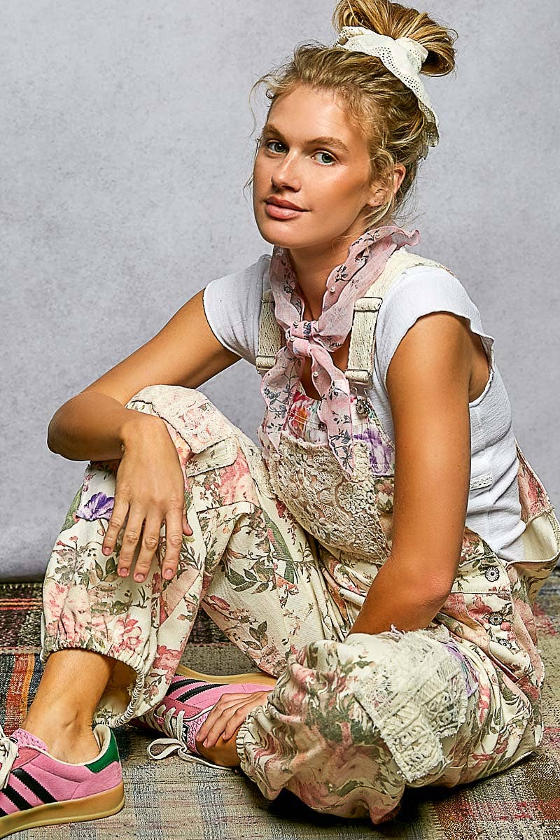 Printed Lace Patch Trim Strap Relaxed Fit Jogger Overall