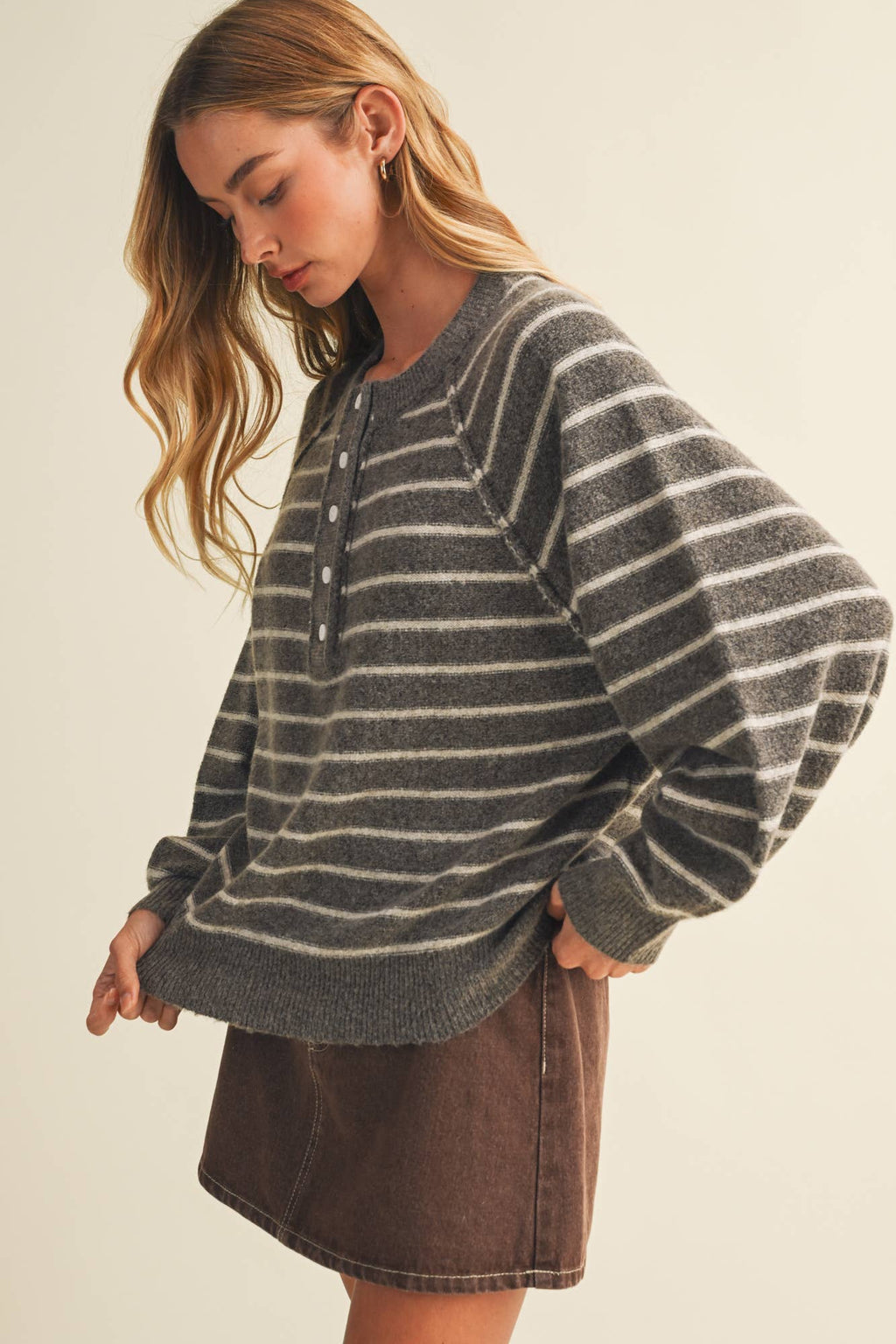 Button-Placket Stripe Knit Pullover