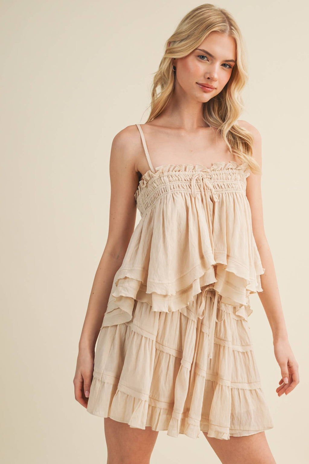 Smocked Bust Asymmetric Tiered Top