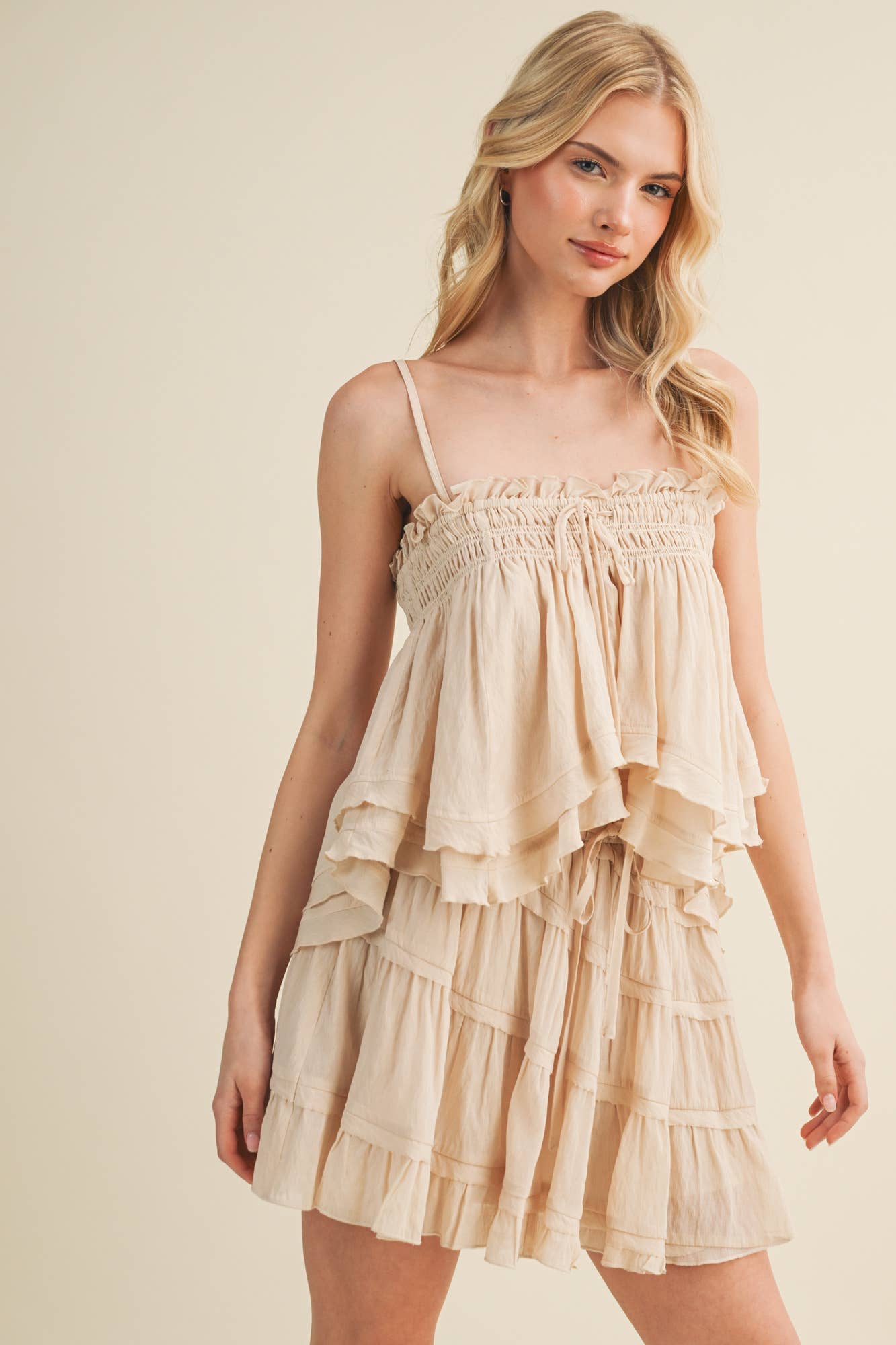 Smocked Bust Asymmetric Tiered Top