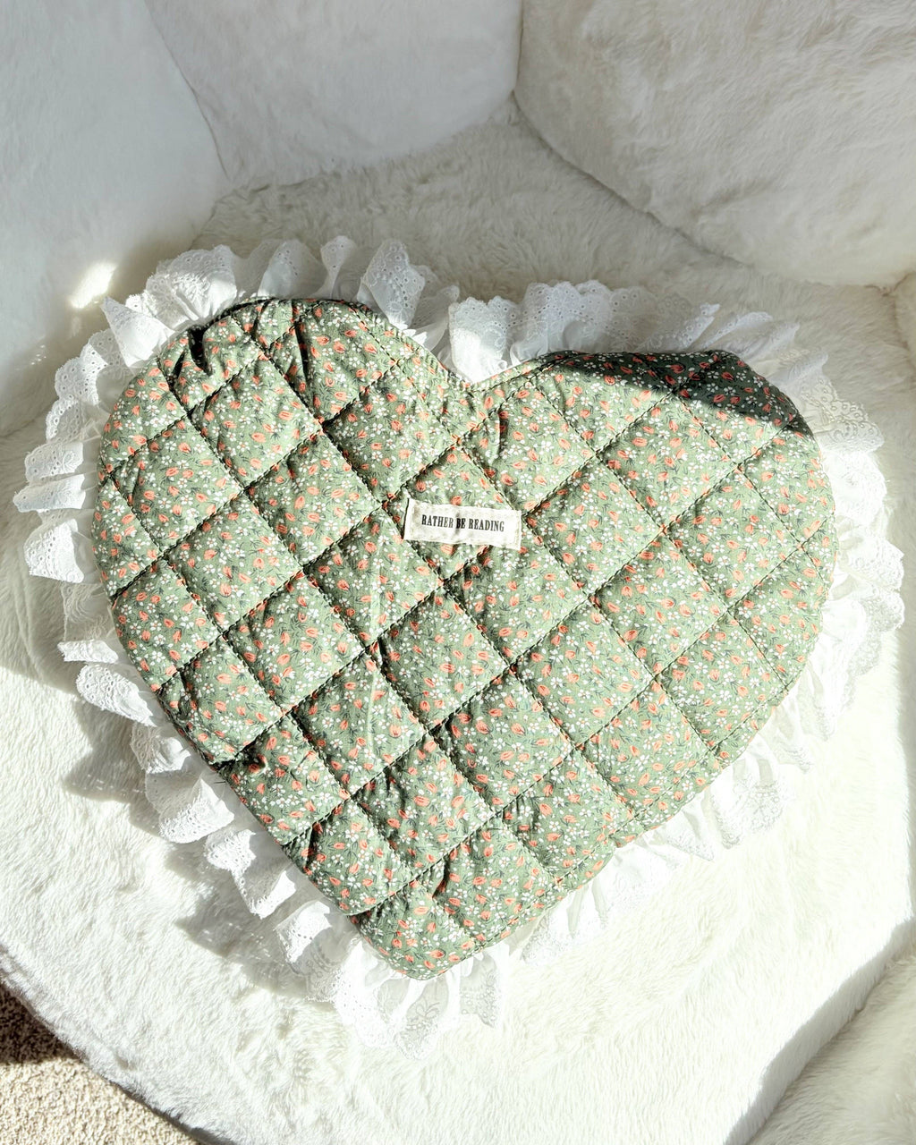 Rather Be Reading Green Quilted Heart Tote Bag with Ruffled Lace Trimming