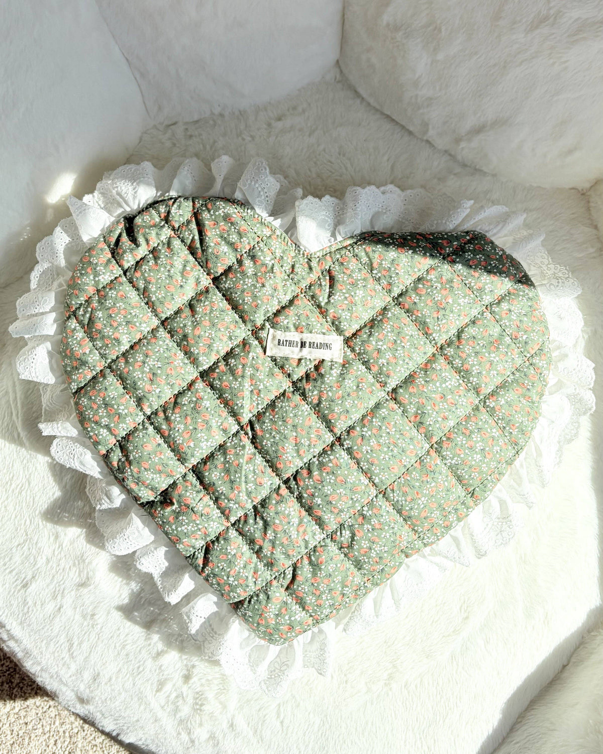 Rather Be Reading Green Quilted Heart Tote Bag with Ruffled Lace Trimming