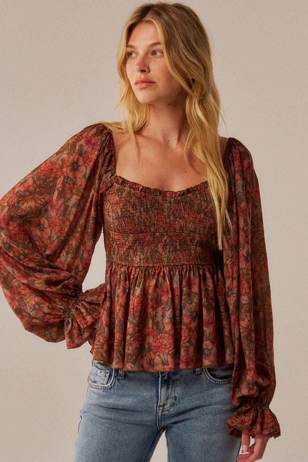 Floral-Print Sweetheart Smocked Peplum Peasant Top