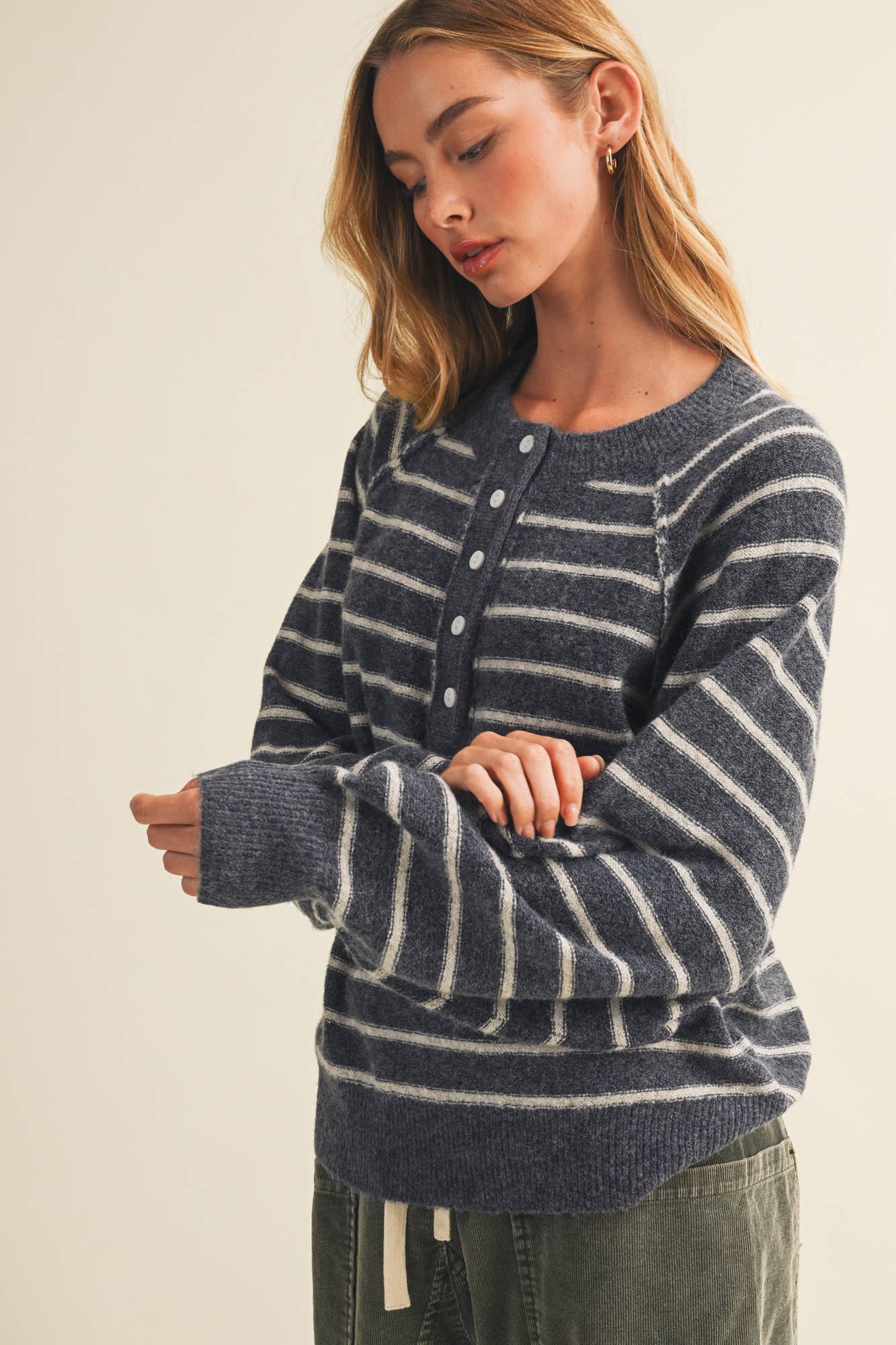 Button-Placket Stripe Knit Pullover