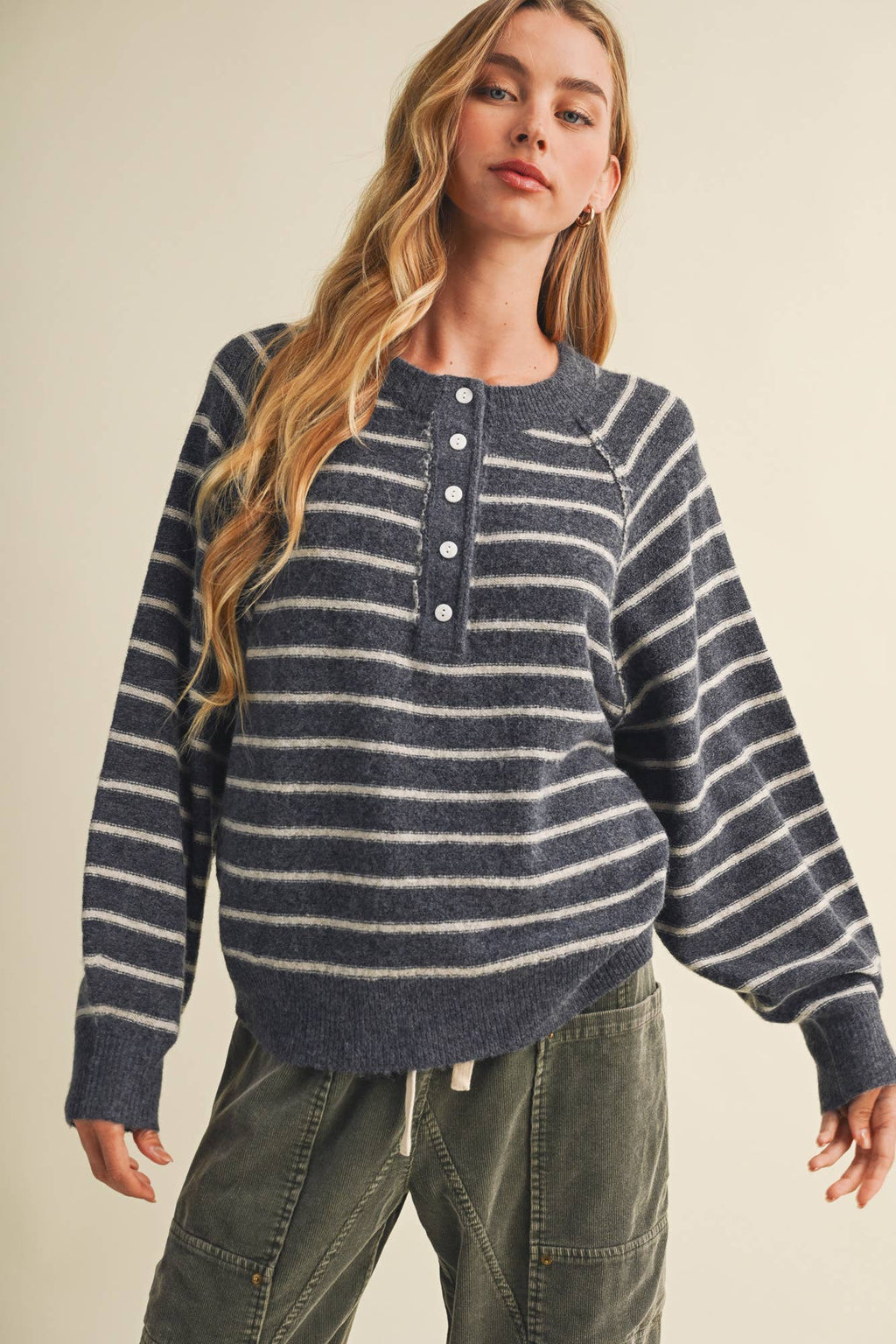 Button-Placket Stripe Knit Pullover