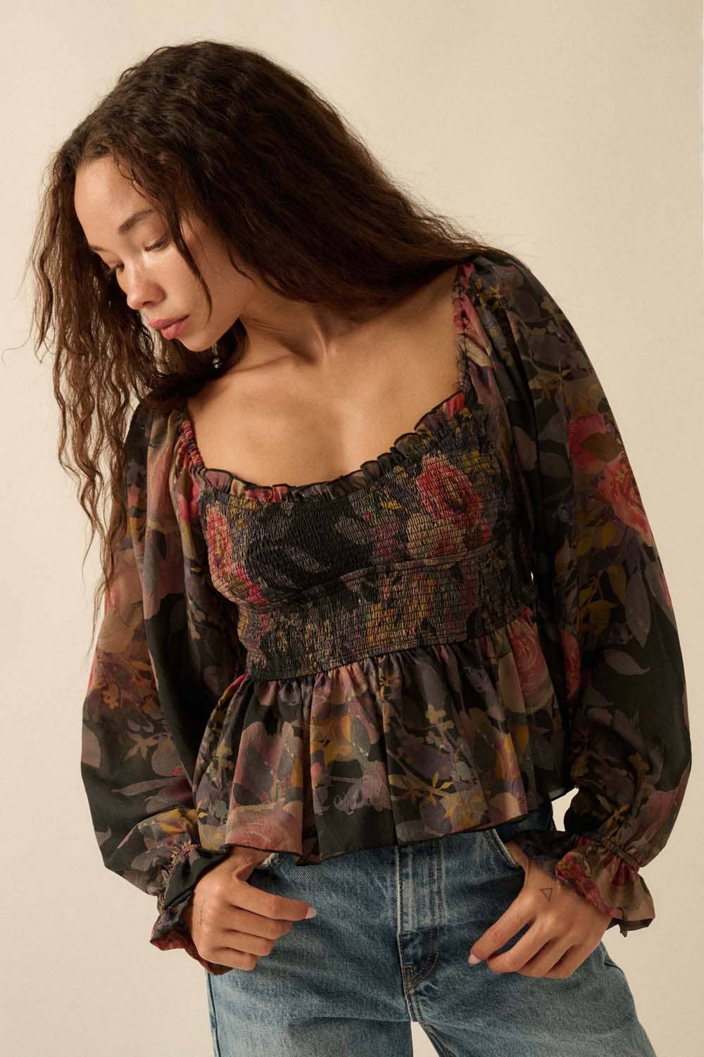 Floral-Print Smocked Sweetheart Peplum Peasant Top
