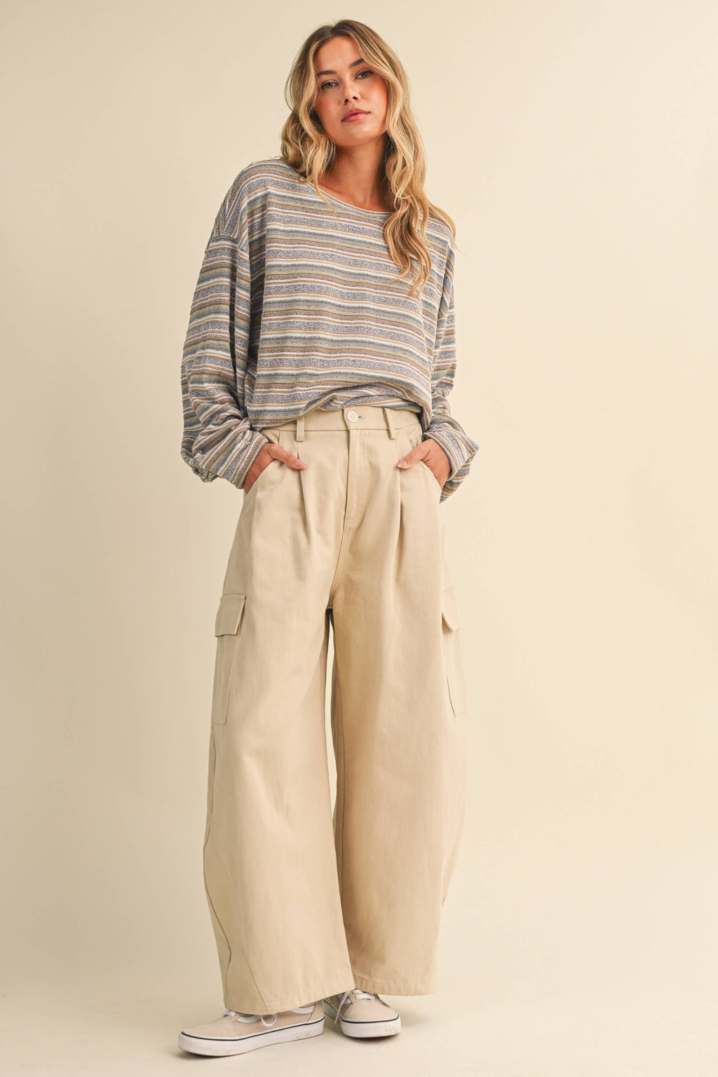IT4769 MULTI STRIPED OVERSIZED CINCHED CUFF PULL OVER TOP