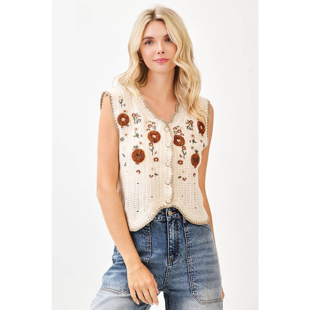 FLORAL EMBROIDERY SLEEVELESS VEST CROCHET TOP
