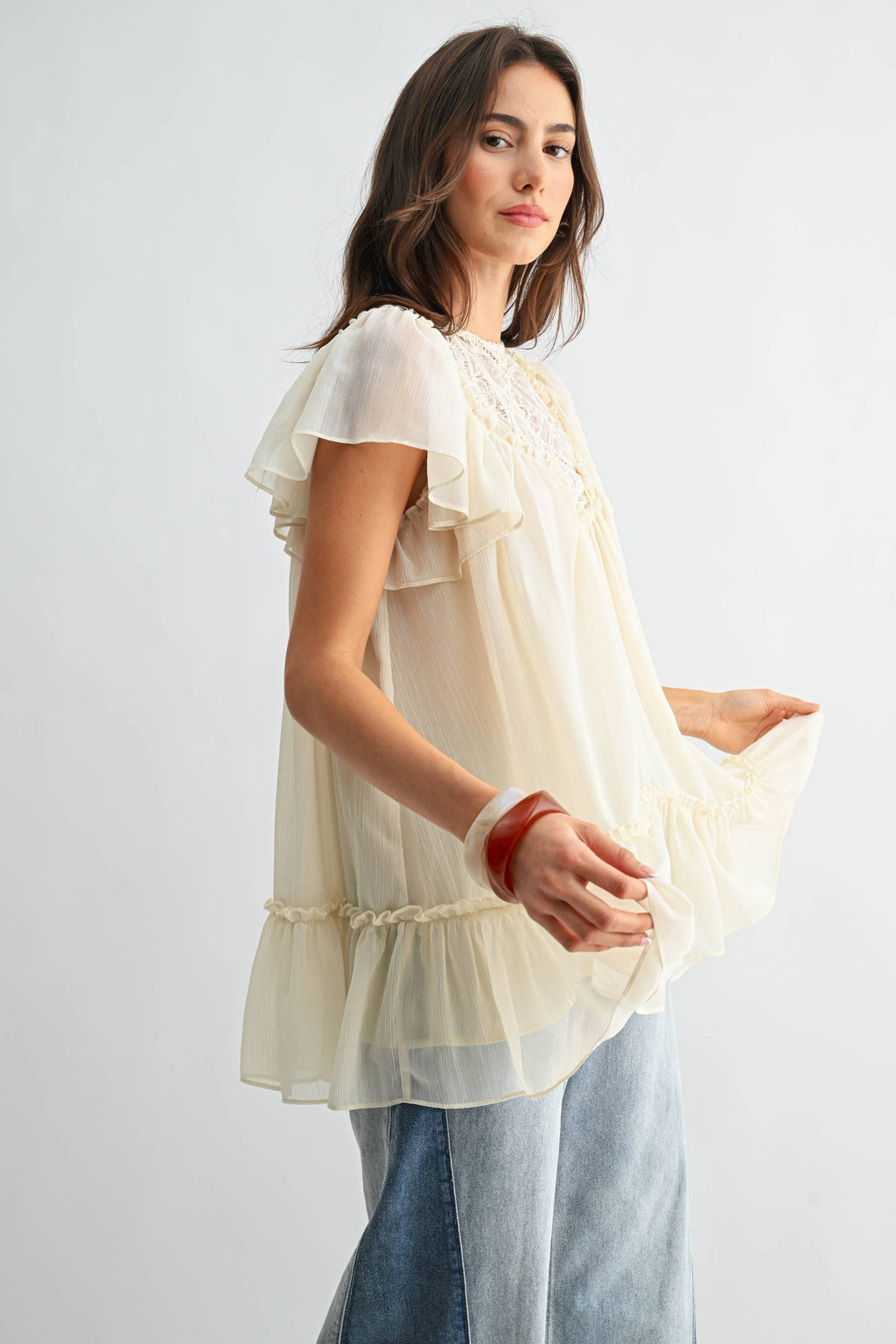 CT10179J Sheer Lace Yoke Ruffle Sleeve Blouse