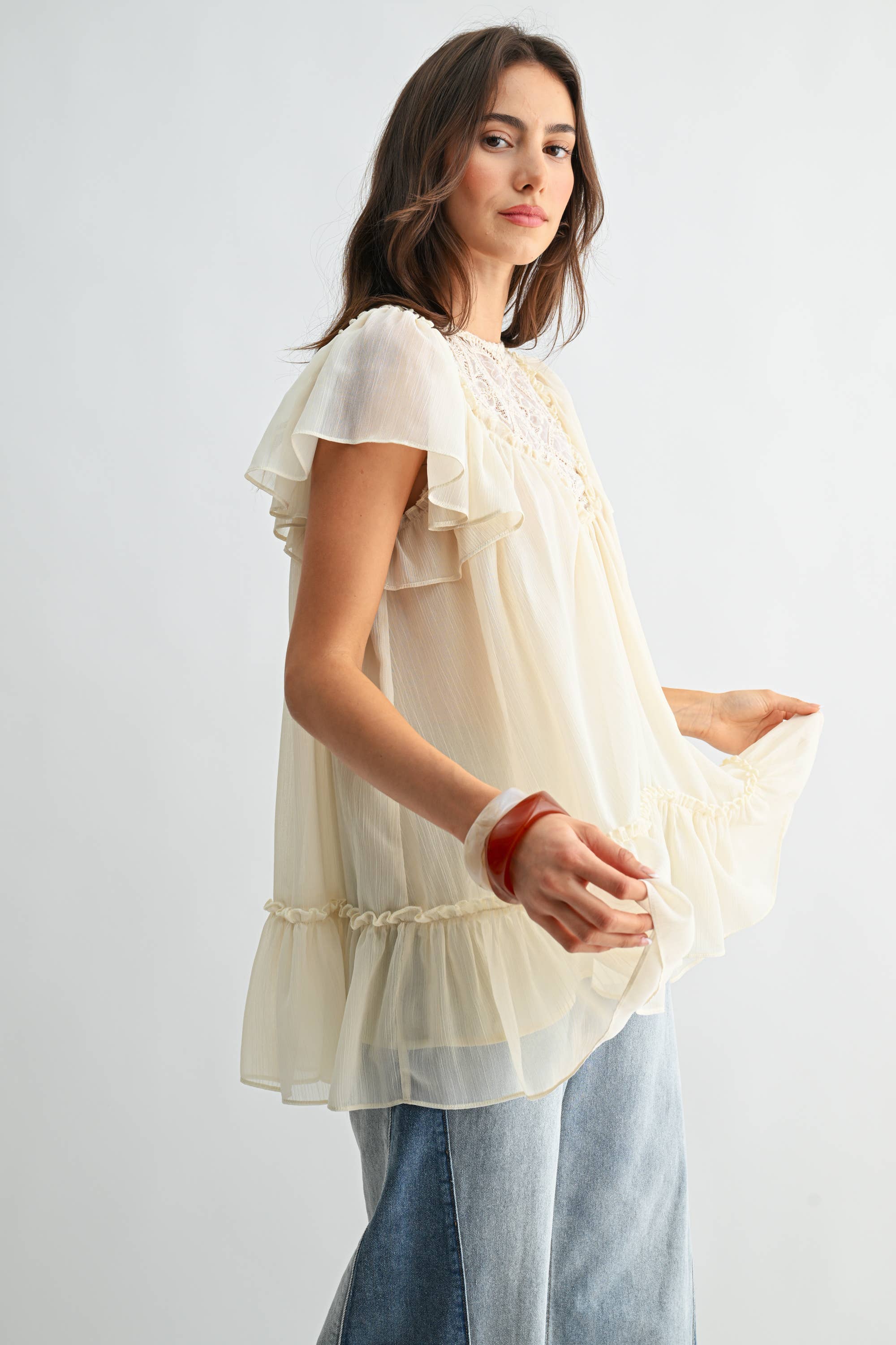 CT10179J Sheer Lace Yoke Ruffle Sleeve Blouse