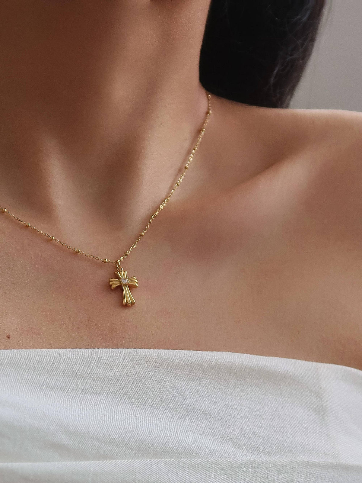 Lourdes 18K Gold Non-Tarnish CZ Cross Necklace