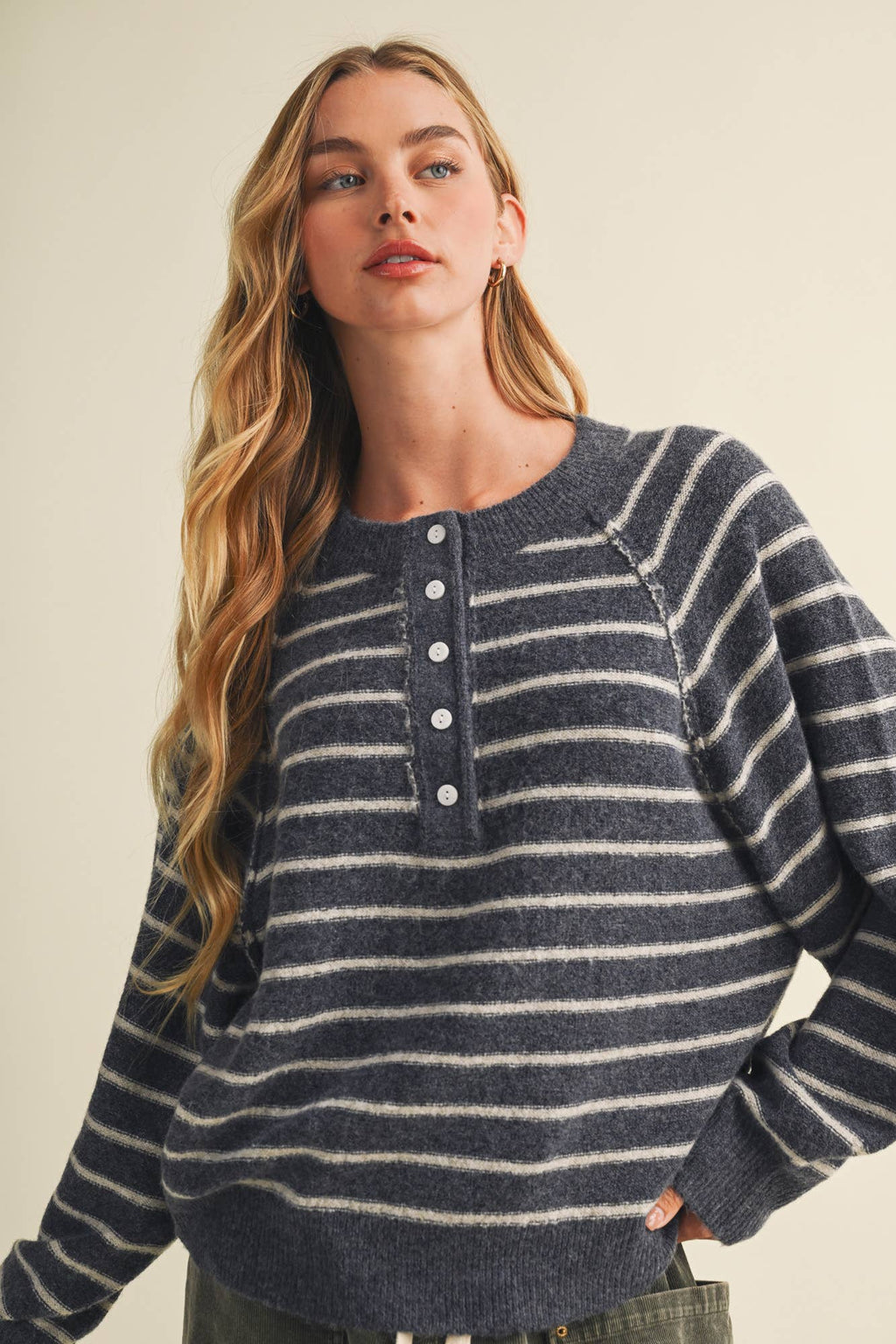 Button-Placket Stripe Knit Pullover