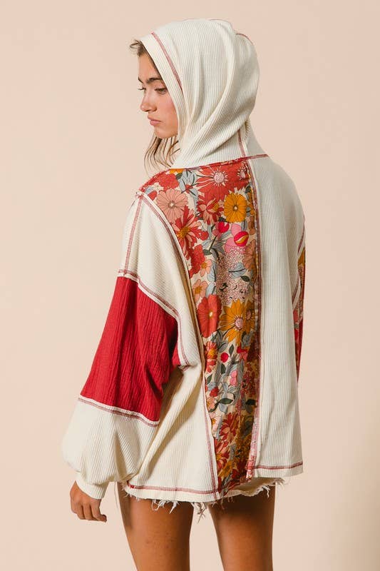 Knit And Print Mixed Hoodie Top