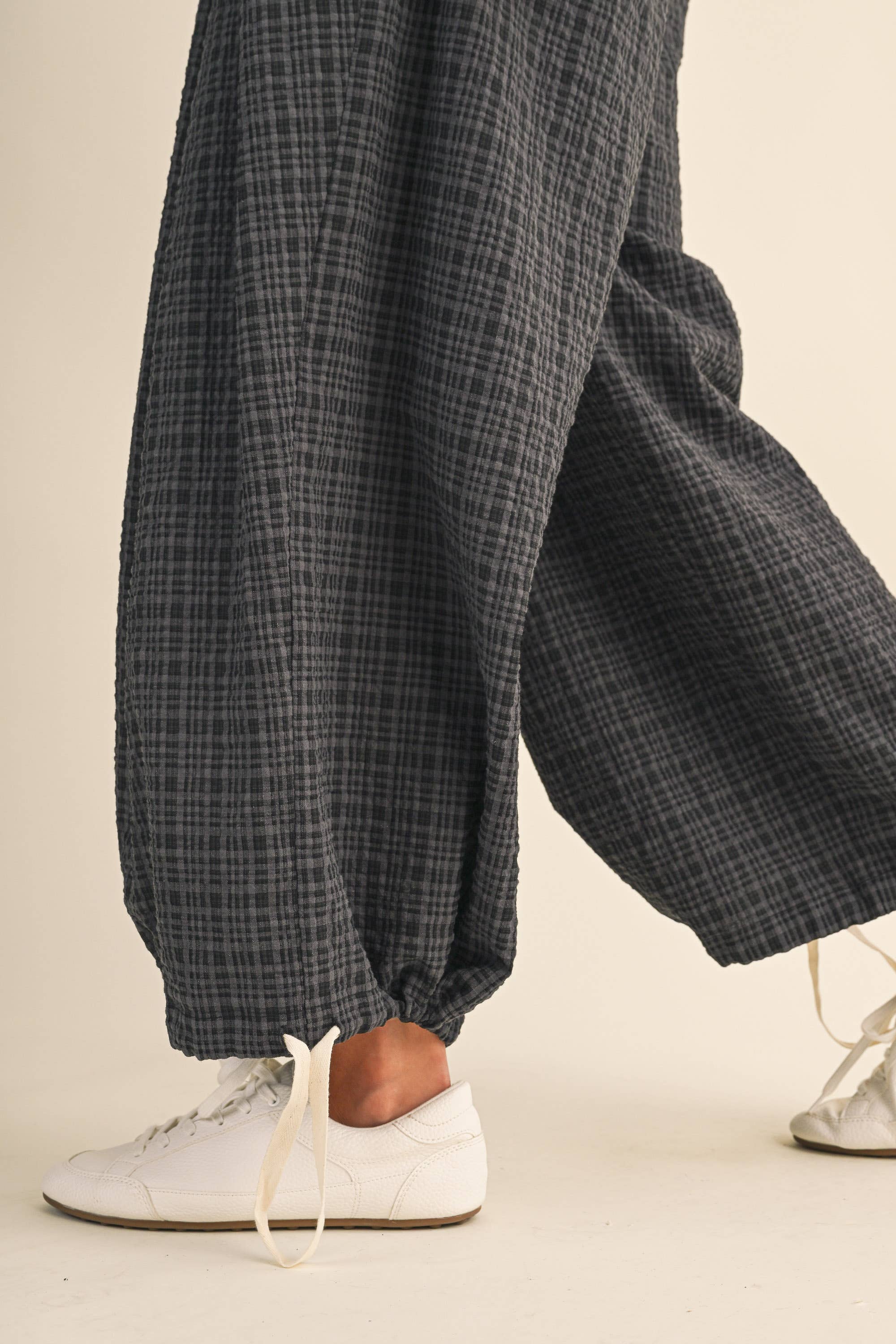 IJP3433 DRAWCORD WAISTLINE PLAID OVERALLS WITH ADJUSTABLE AN