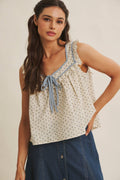 ANTIQUE MEADOW CONTRAST BINDING FLORAL RUFFLED BLOUSE TOP