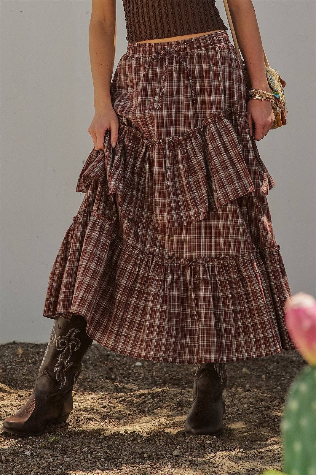 Plaid Tiered Ruffle Cotton Maxi Skirt