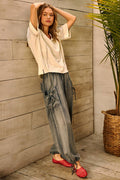 WASHED CHAMBRAY ADJUSTABLE ANKLE DROP POCKET PANTS