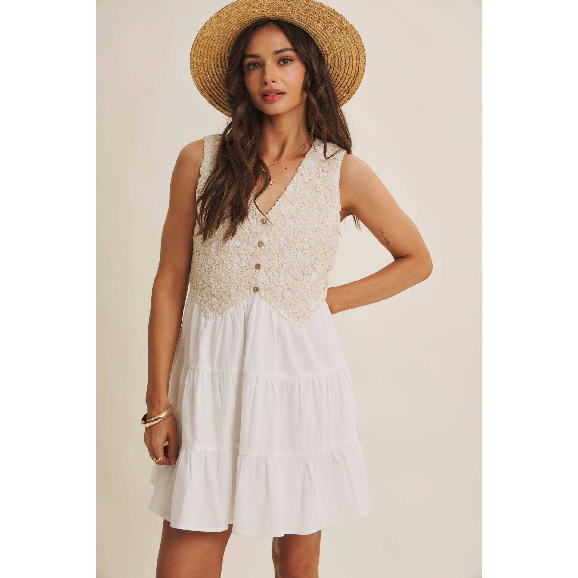 FRENCH PICNIC MIXED MEDIA COTTON CROCHET MINI DRESS