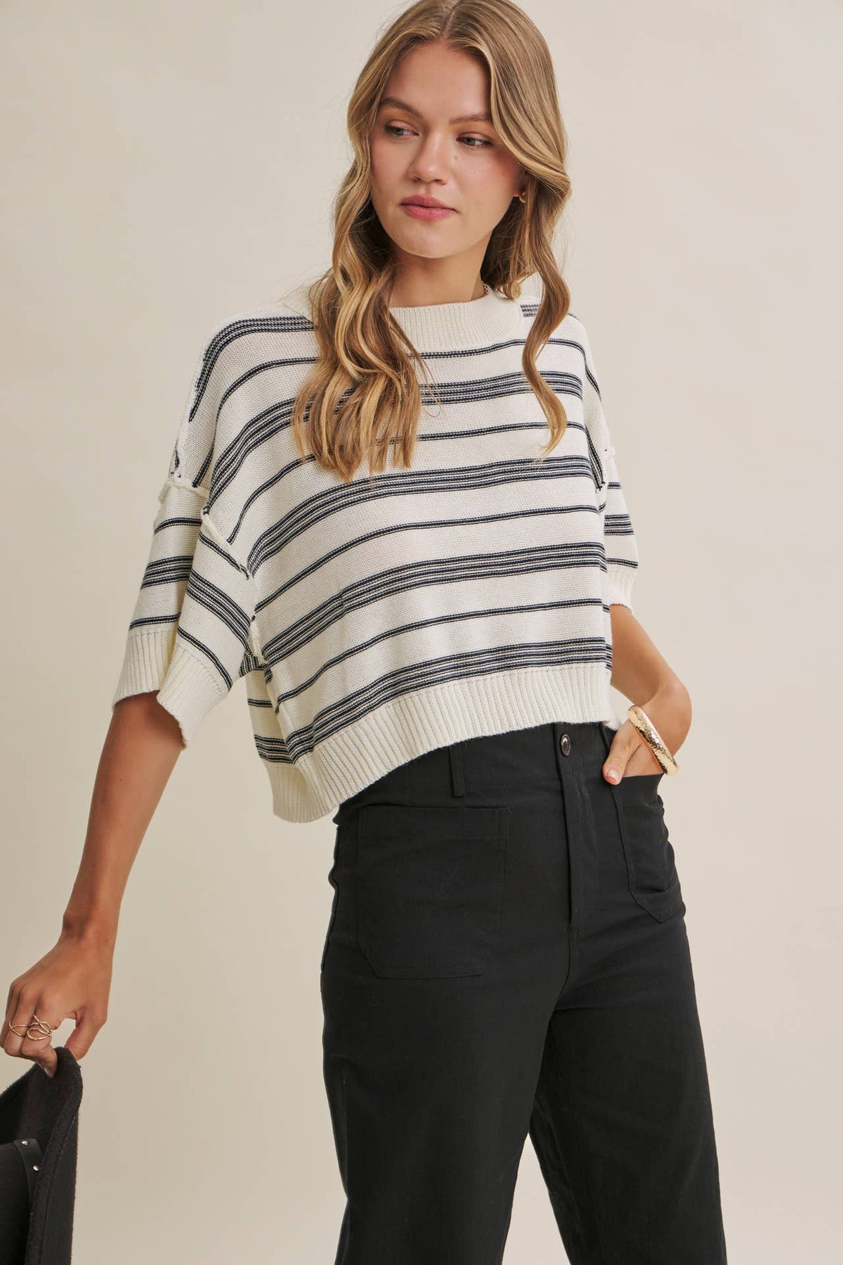 ESSENSE OF WEEKEND STRIPED LINEN COTTON BOXY SWEATER TOP
