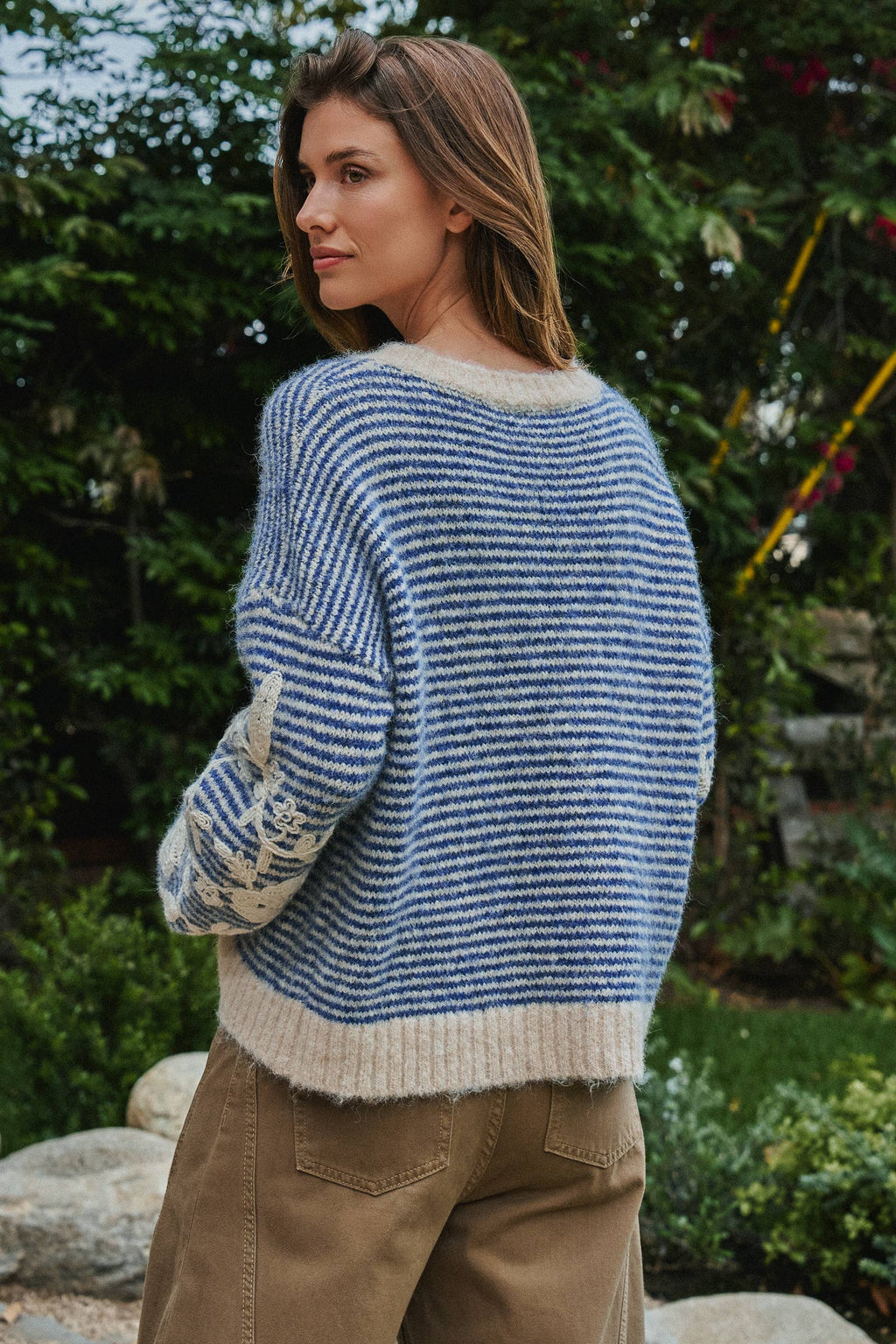 Floral Embroidered Striped Knit Sweater
