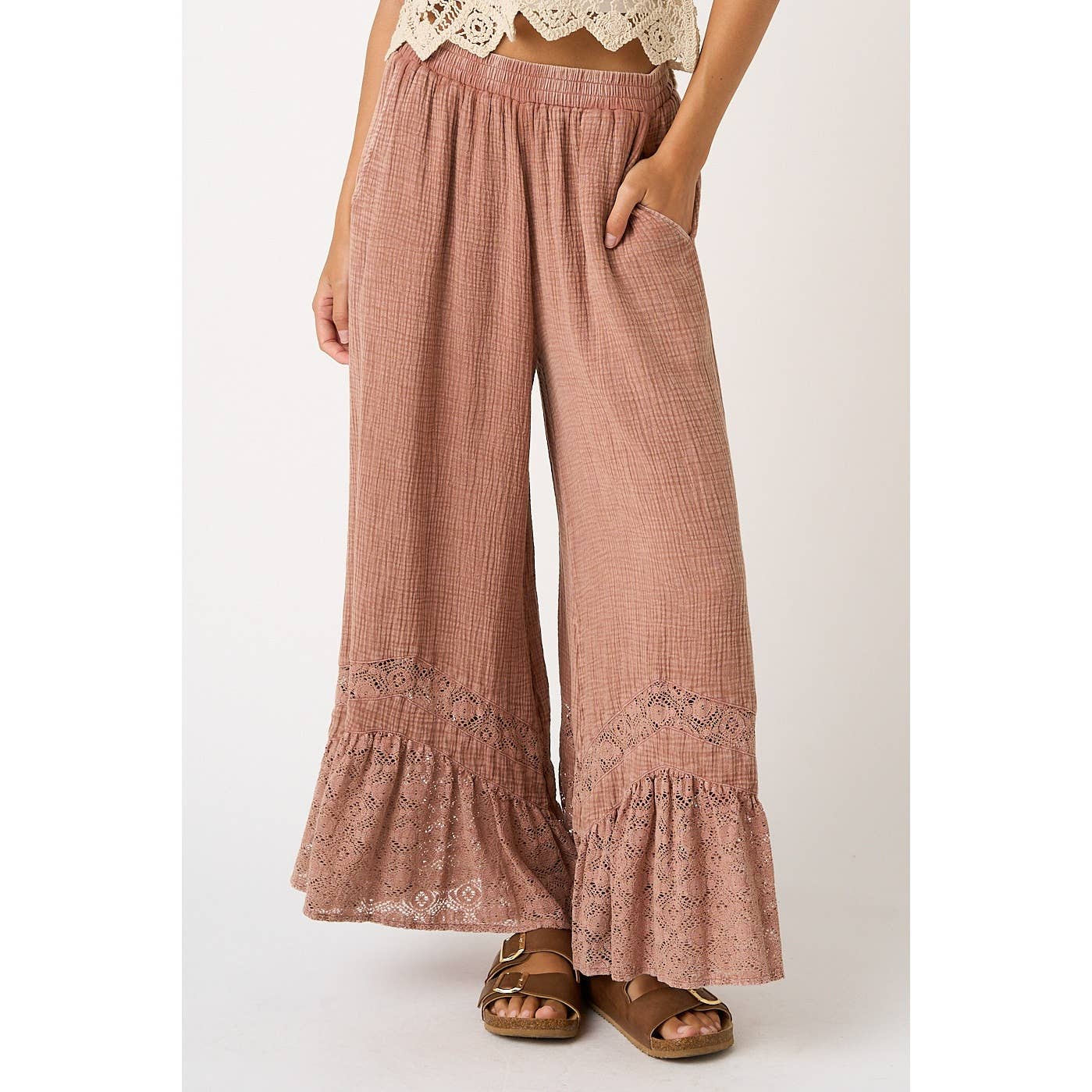 LACE RUFFLE HEM ELASTIC WAIST WIDE LEG PANTS