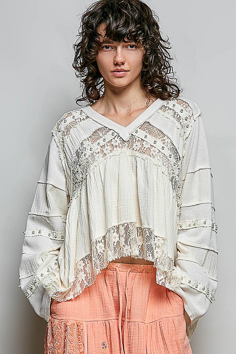 V-neck double gauze lace detail A-line woven top