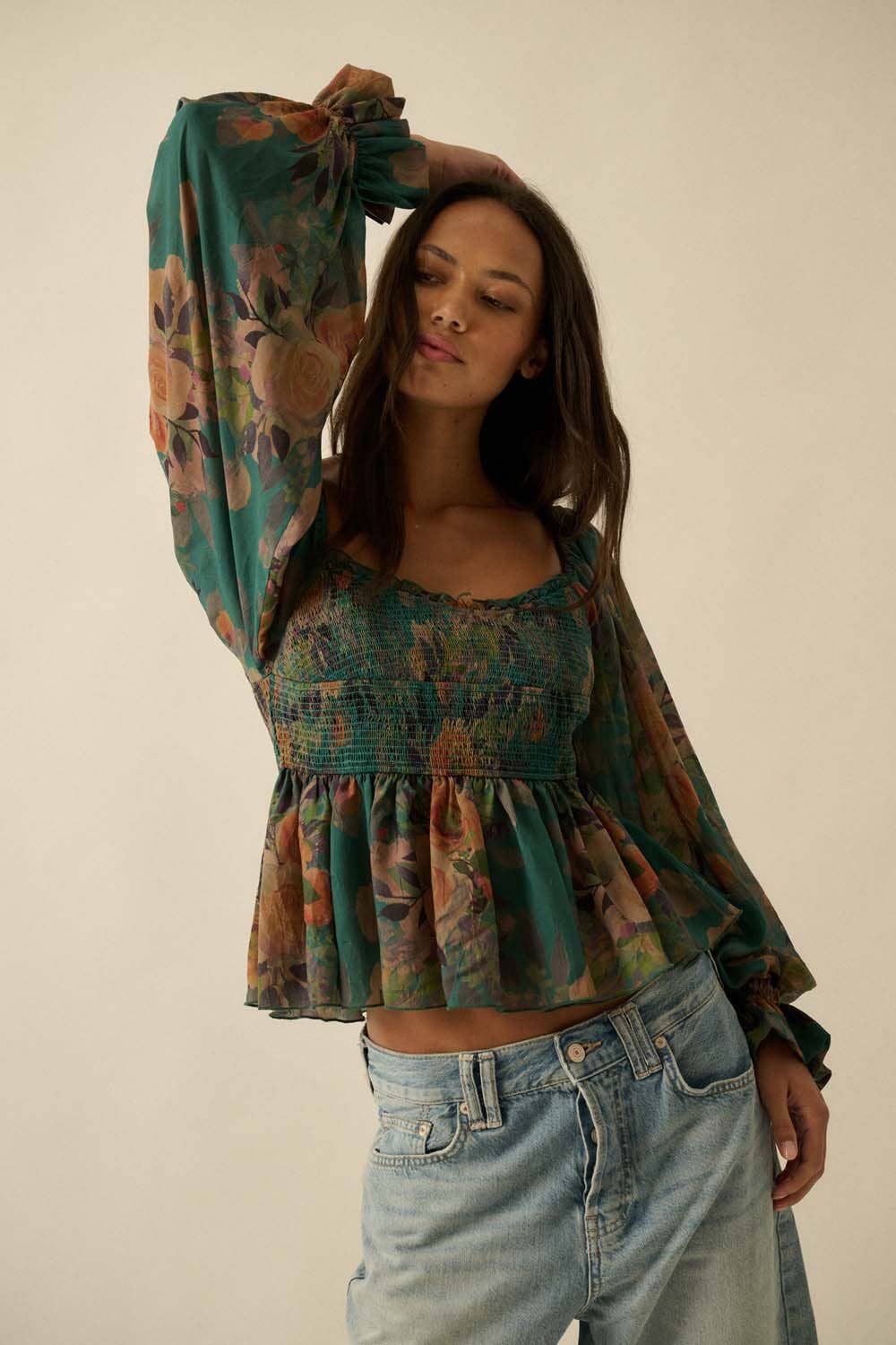 Floral-Print Smocked Sweetheart Peplum Peasant Top