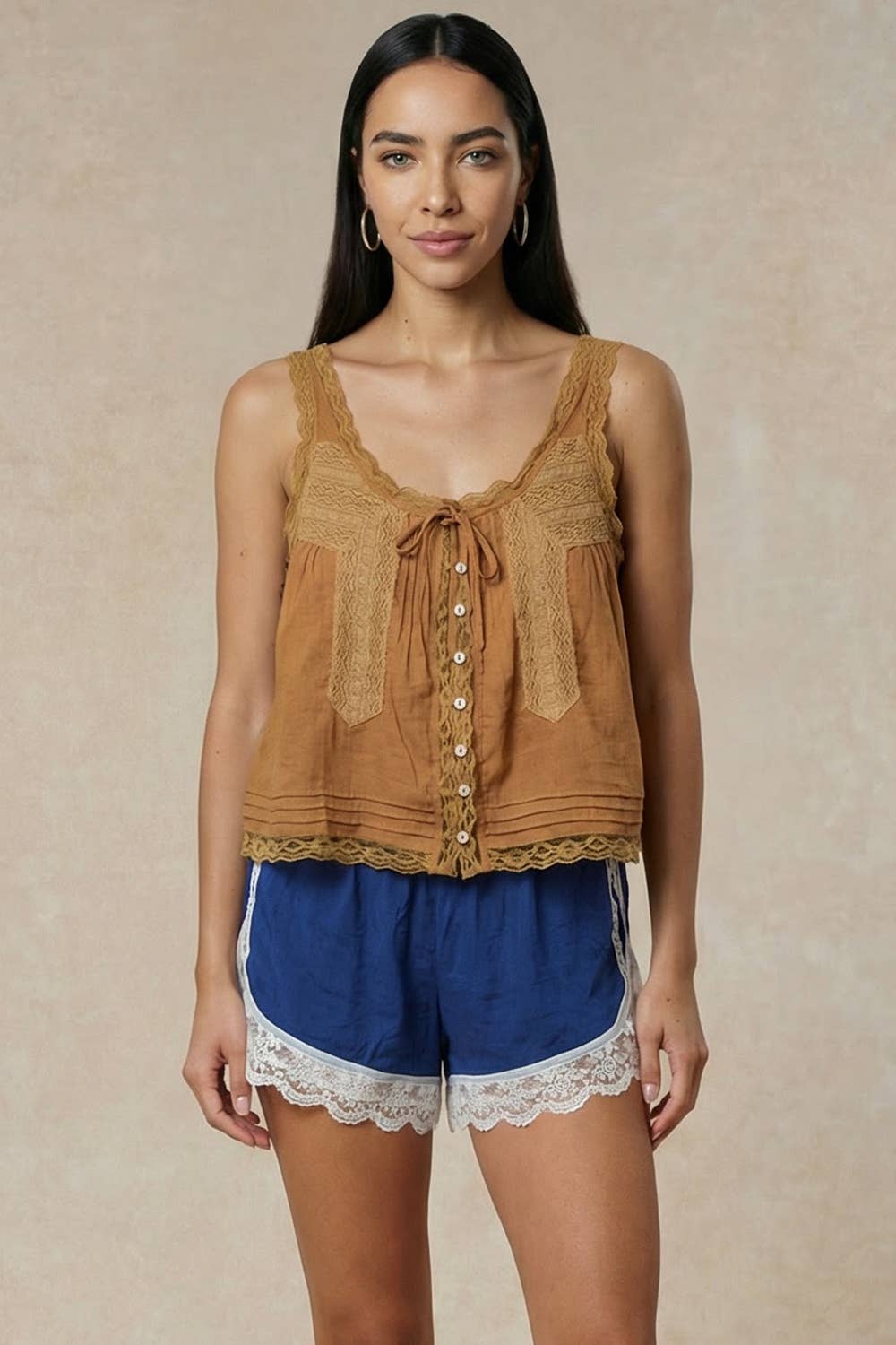 IT2442 | Bow Tie Front Lace Trimmed Tank Top